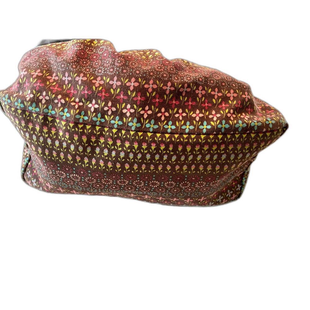 Vintage Floral Canvas Hobo Bag Wood Bead Handle Boho Brown Flowers Roomy 1980s - Picture 7 of 9